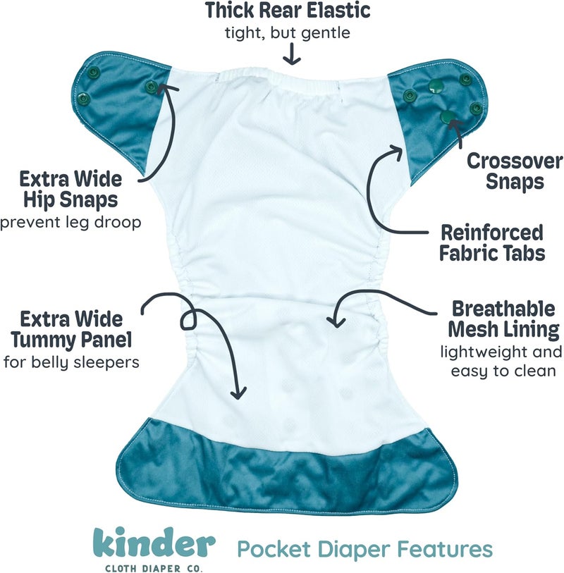 Kinder Cloth Diapers Set of 5 Reusable Baby Diapers Pocket Style Athletic Wicking Jersey, Newborn to Potty 7-60lbs, One Size, Inserts NOT Included (Tranquil Garden Botanicals) - Image 2